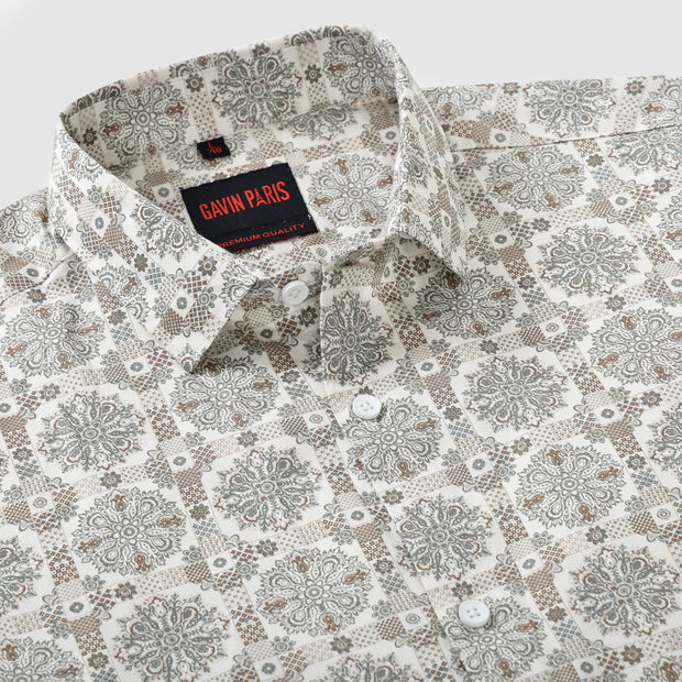 Beige and Gray Floral Medallion Print Men's Full Sleeve Shirt (GP297)