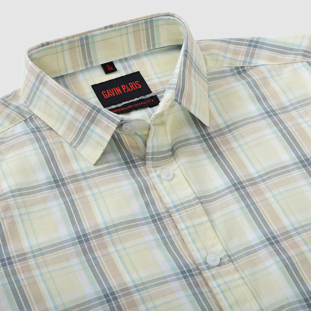 Men's Full Sleeve Light Yellow and Blue Plaid Shirt (GP277)