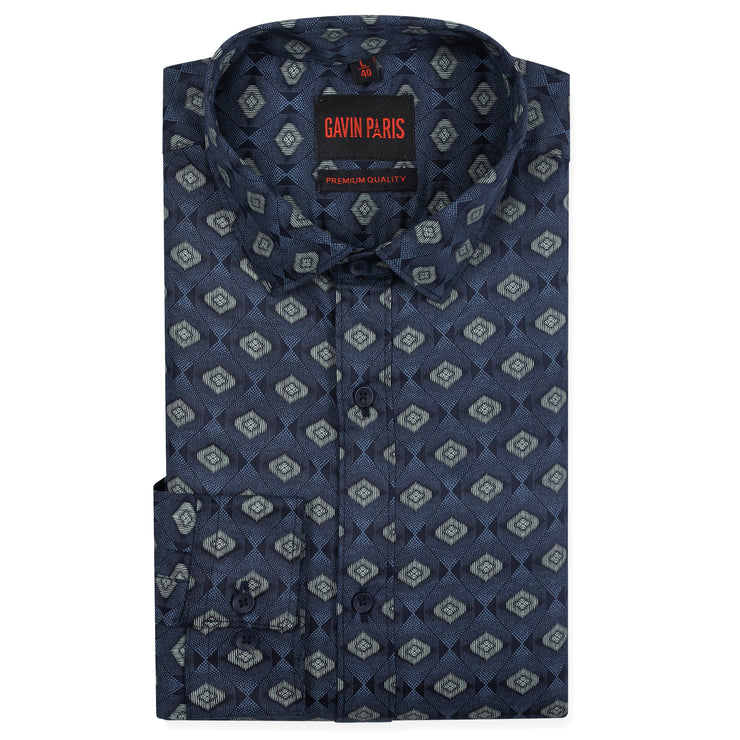 Navy Blue Geometric Full Sleeve Shirt (GP184)