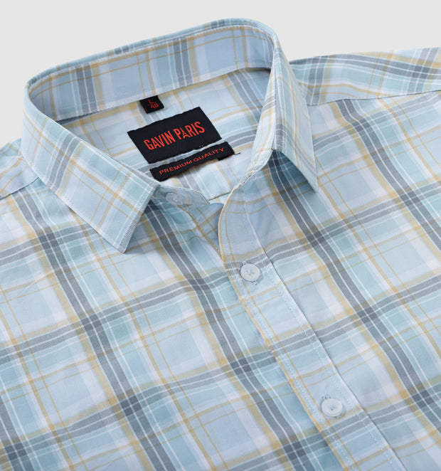 Men's Full Sleeve Light Blue and Yellow Plaid Shirt (GP276)