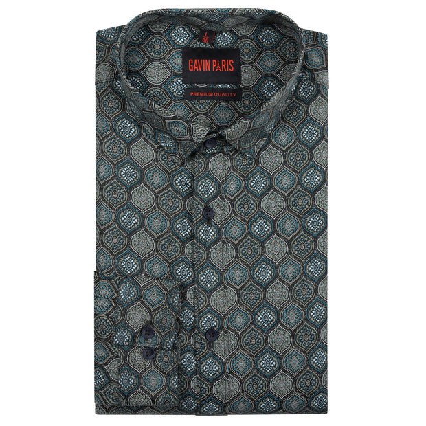 Teal and Black Hexagonal Pattern Full Sleeve Shirt (GP193)