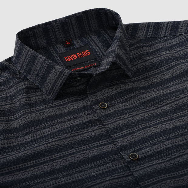 Men's Full Sleeve Navy Blue and Gray Striped Pattern Shirt (GP273)