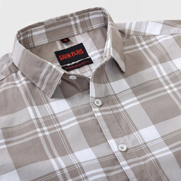 Beige and White Grid Pattern Men's Full Sleeve Shirt (GP285)