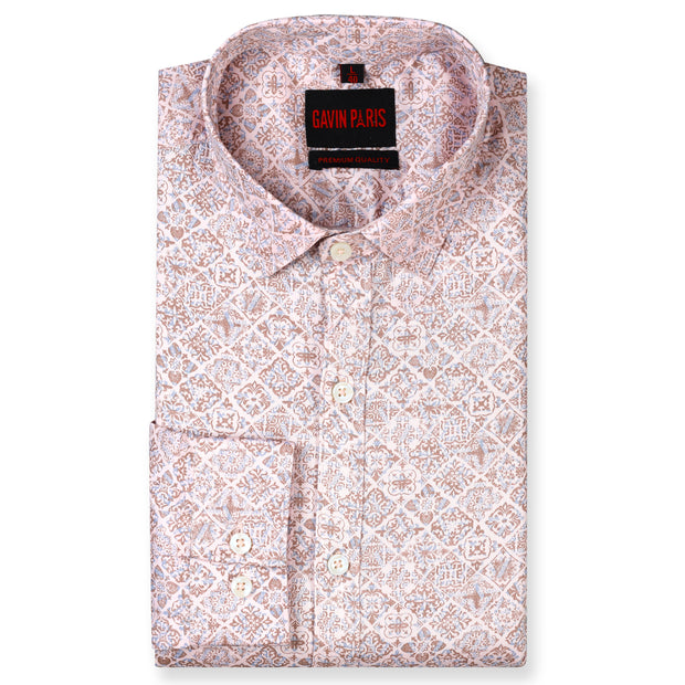 Floral Tile Print Full Sleeve Shirt - Peach and Beige (GP243)