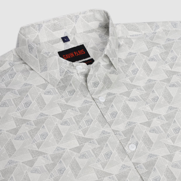 Geometric Triangle Print Full Sleeve Shirt - White and Grey (GP219)