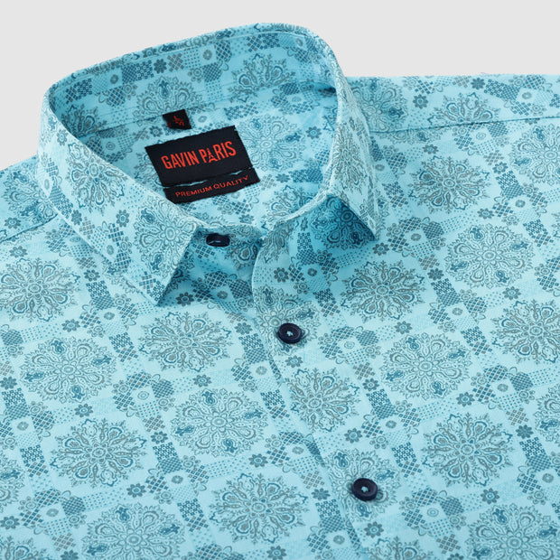 Aqua Blue Floral Medallion Print Men's Full Sleeve Shirt (GP298)