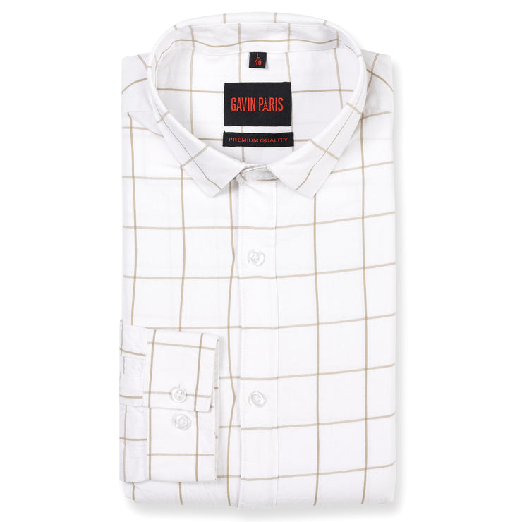 White with Beige Windowpane Check Pattern Full Sleeve Shirt (GP138)