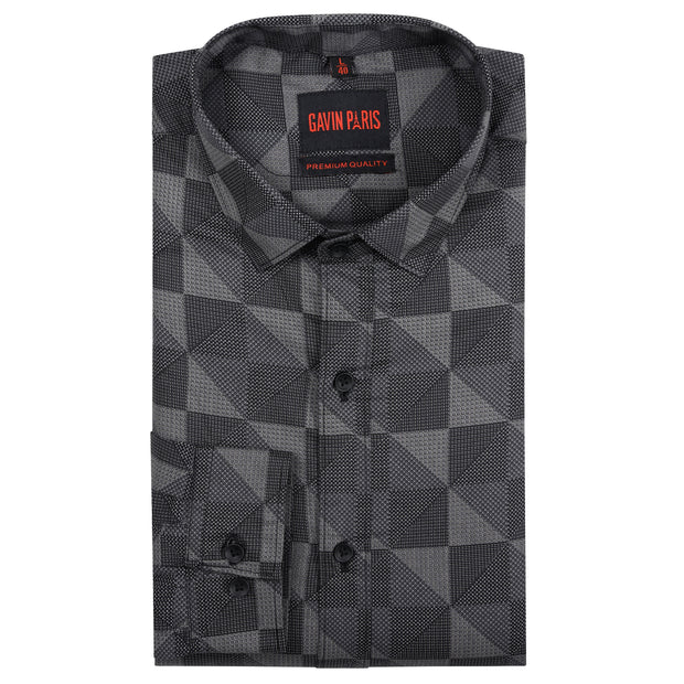 Full-Sleeve Charcoal Gray Geometric Pattern Shirt (GP203)