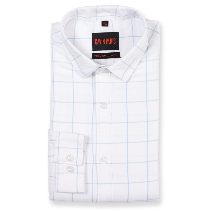 White with Light Blue Windowpane Check Pattern Full Sleeve Shirt (GP139)