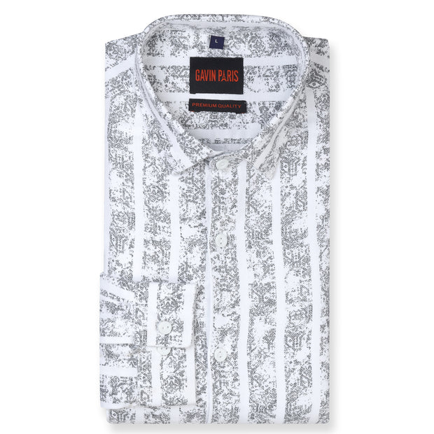 White Striped Full Sleeve Shirt with Intricate Grey Print (GP261)