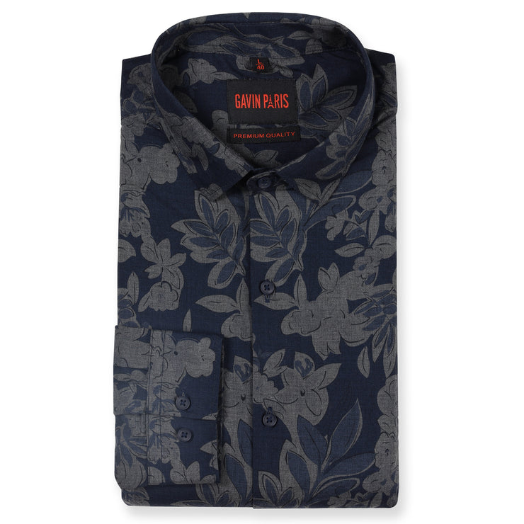 Navy Blue Floral Print Full Sleeve Shirt (GP145)