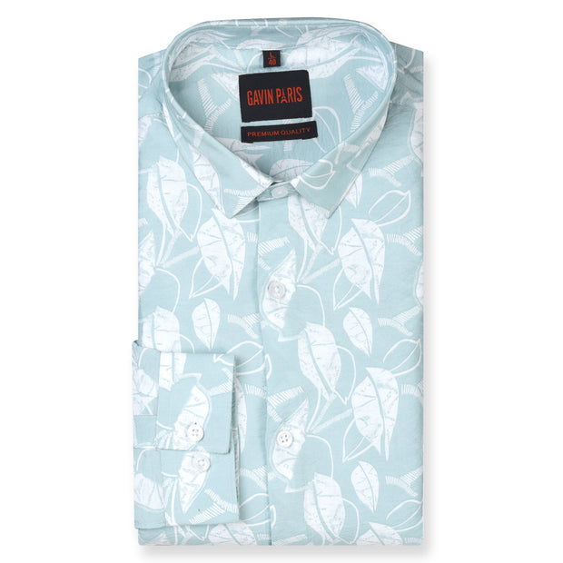 Leaf Print Full Sleeve Shirt - Aqua Blue (GP229)