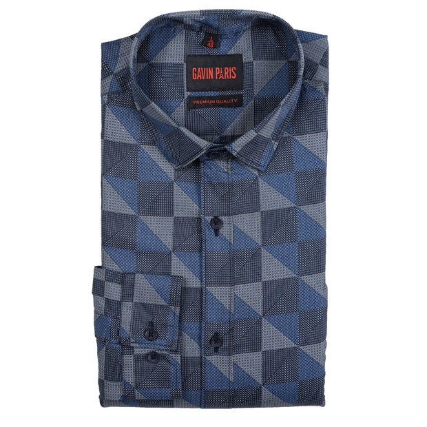 Full-Sleeve Blue Geometric Pattern Shirt (GP205)