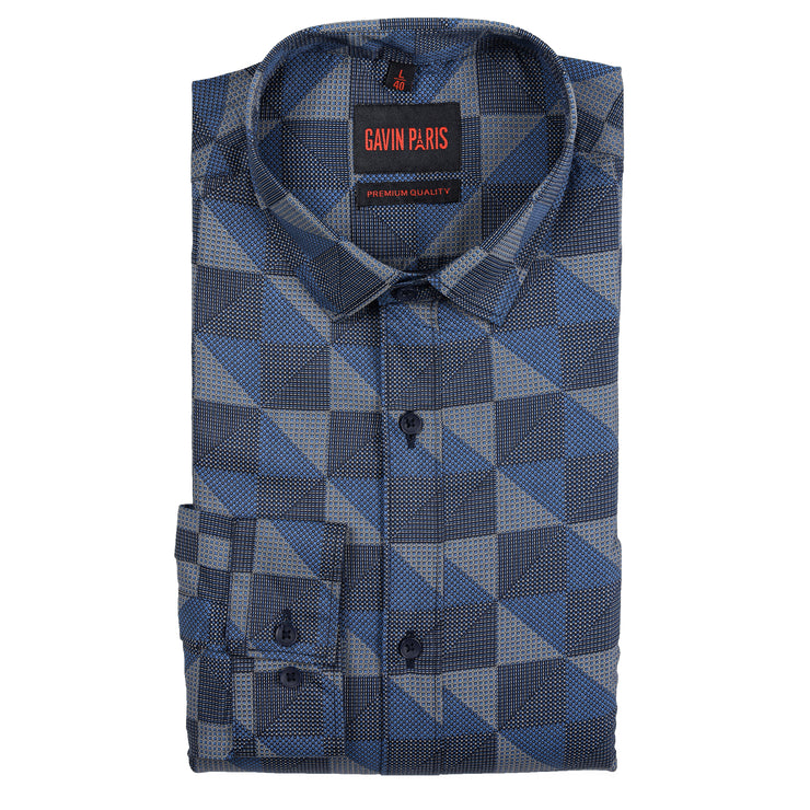 Full-Sleeve Blue Geometric Pattern Shirt (GP205)