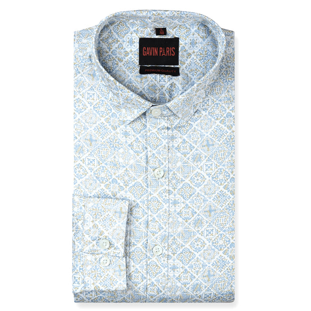 Floral Tile Print Full Sleeve Shirt - Light Blue and Beige (GP242)