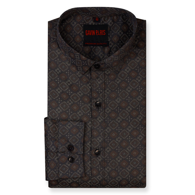 Geometric Print Full Sleeve Shirt - Charcoal and Brown (GP239)