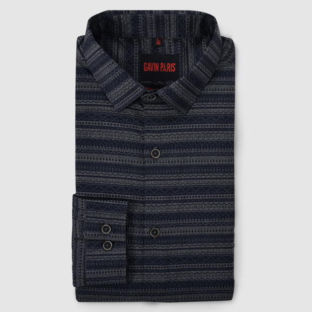 Men's Full Sleeve Navy Blue and Gray Striped Pattern Shirt (GP273)