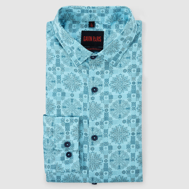 Aqua Blue Floral Medallion Print Men's Full Sleeve Shirt (GP298)