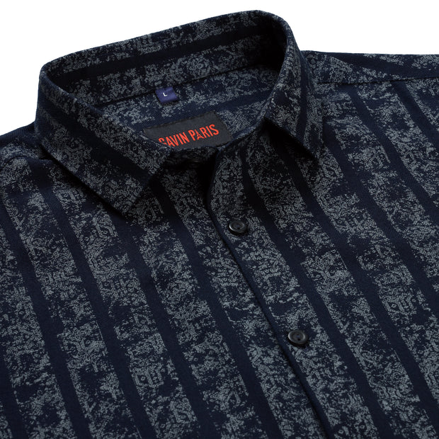 Navy Blue Striped Full Sleeve Shirt with Intricate Print (GP260)