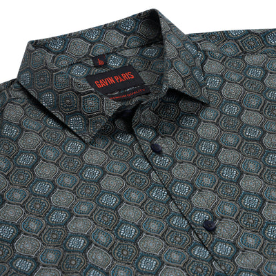 Teal and Black Hexagonal Pattern Full Sleeve Shirt (GP193)