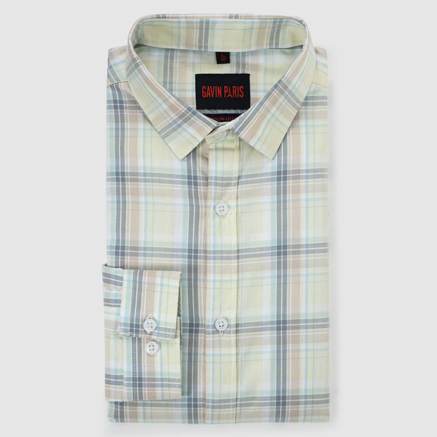 Men's Full Sleeve Light Yellow and Blue Plaid Shirt (GP277)