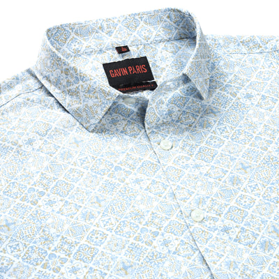 Floral Tile Print Full Sleeve Shirt - Light Blue and Beige (GP242)