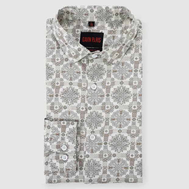 Beige and Gray Floral Medallion Print Men's Full Sleeve Shirt (GP297)