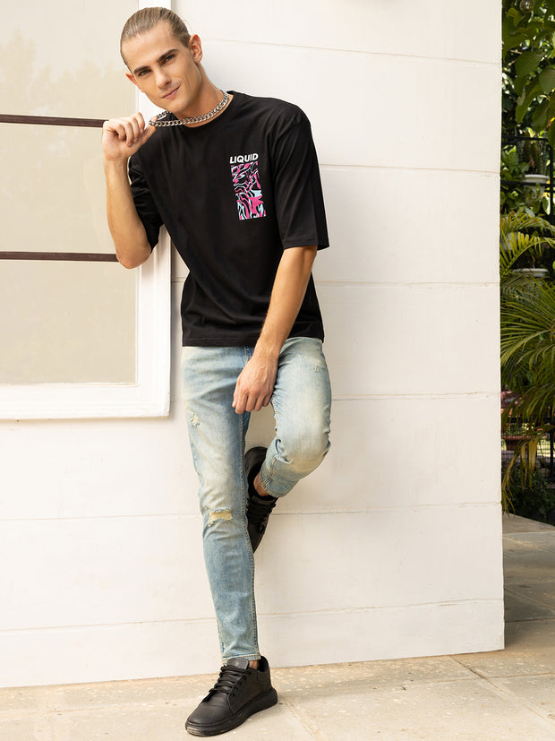 Liquid Black Both Side Printed Oversized Black Tee