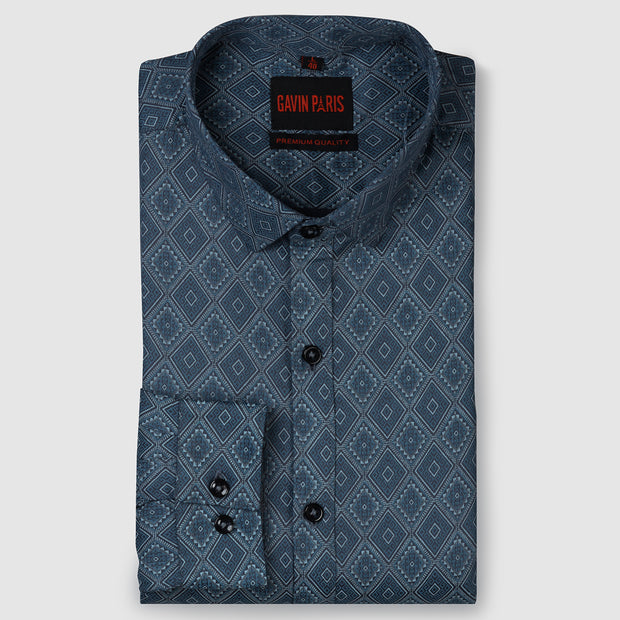 Geometric Print Full Sleeve Shirt - Navy Blue and Grey (GP241)