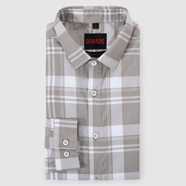 Beige and White Grid Pattern Men's Full Sleeve Shirt (GP285)