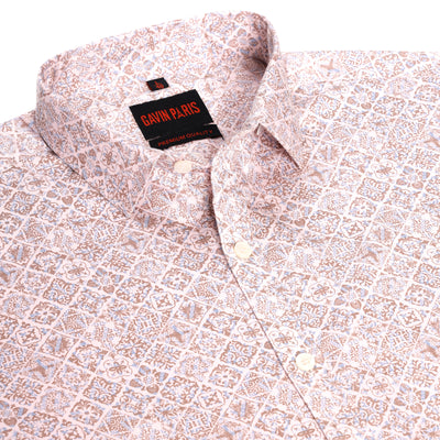 Floral Tile Print Full Sleeve Shirt - Peach and Beige (GP243)