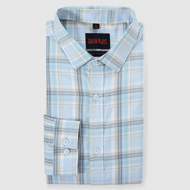 Men's Full Sleeve Light Blue and Yellow Plaid Shirt (GP276)