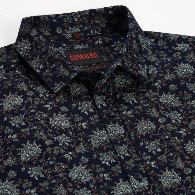 Navy Blue Floral Print Full Sleeve Shirt (GP143)