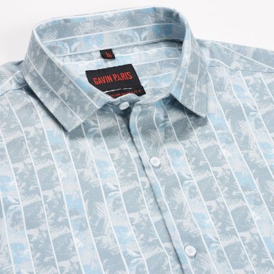 Light Blue and White Striped Floral Pattern Full Sleeve Shirt (GP136)