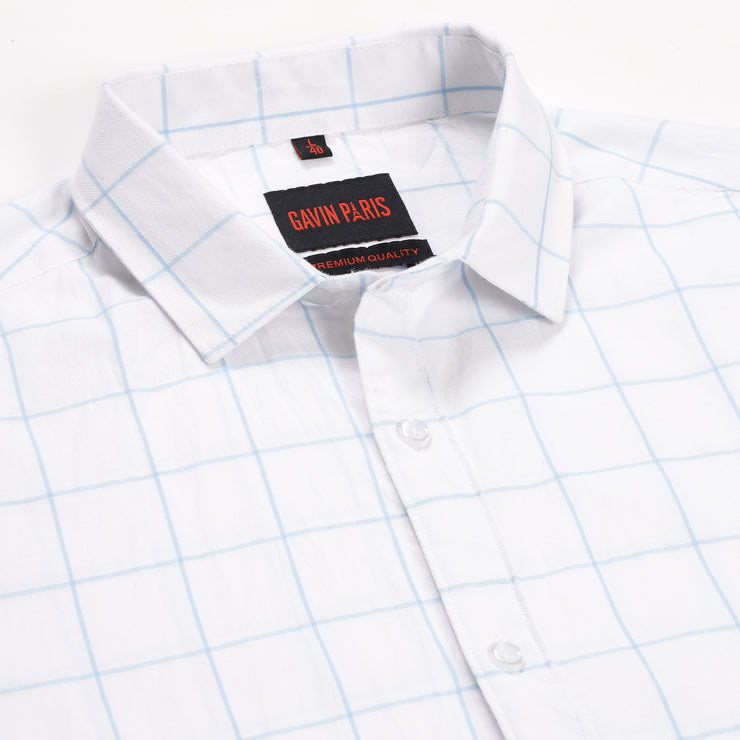 White with Light Blue Windowpane Check Pattern Full Sleeve Shirt (GP139)