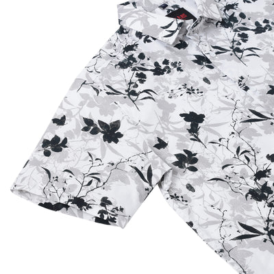White with Black and Grey Floral Pattern Half Sleeve Shirt (GP044)