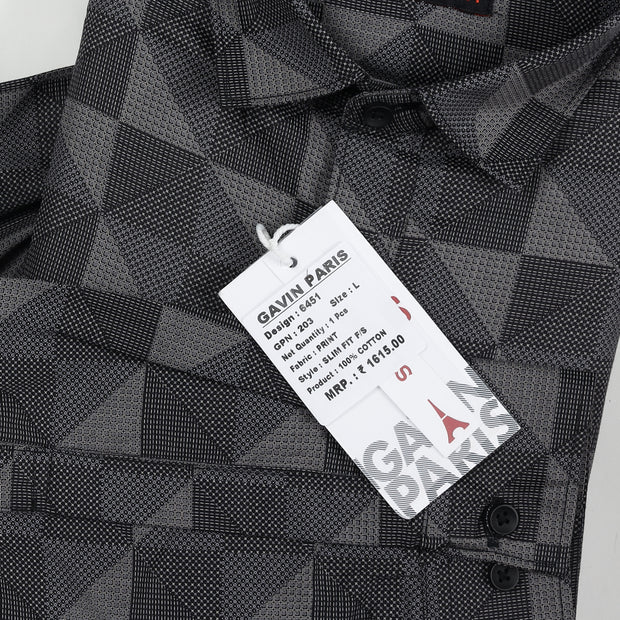 Full-Sleeve Charcoal Gray Geometric Pattern Shirt (GP203)