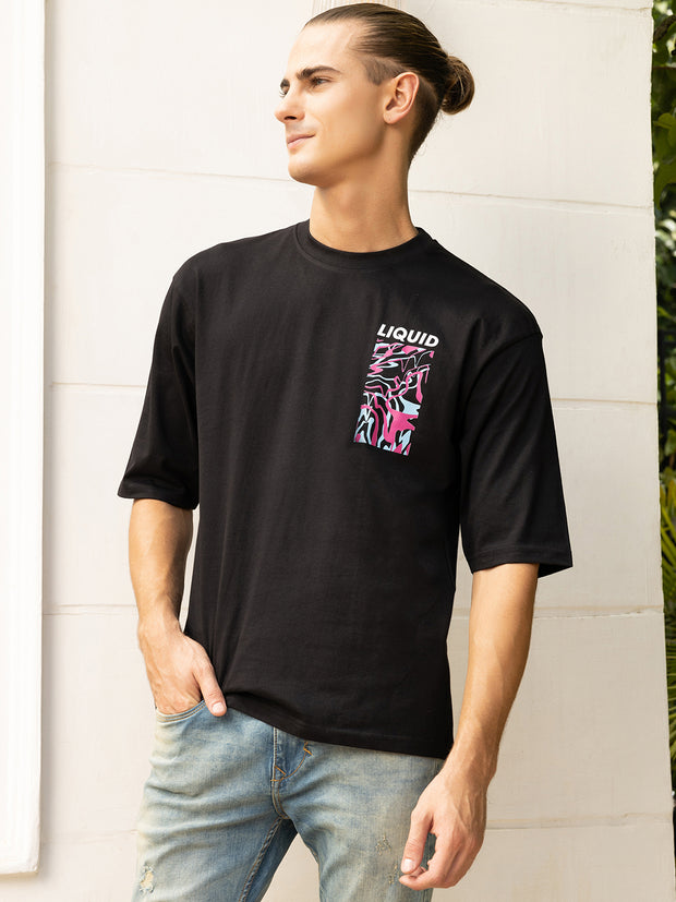 Liquid Black Both Side Printed Oversized Black Tee