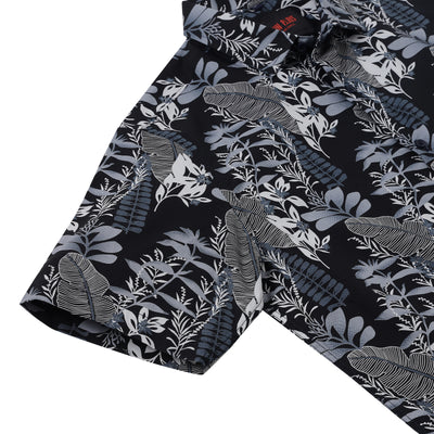 Half Sleeve Shirt - Black with Blue Botanical Pattern (GP053)