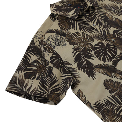 Half Sleeve Shirt - Beige with Brown Tropical Leaf Pattern (GP038)