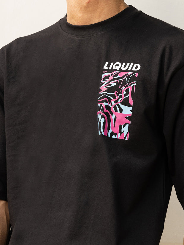 Liquid Black Both Side Printed Oversized Black Tee