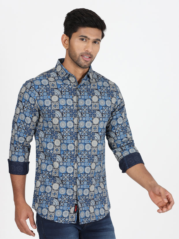 Mosaic Pattern Full-Sleeve Shirt - Blue & Beige (GP016)