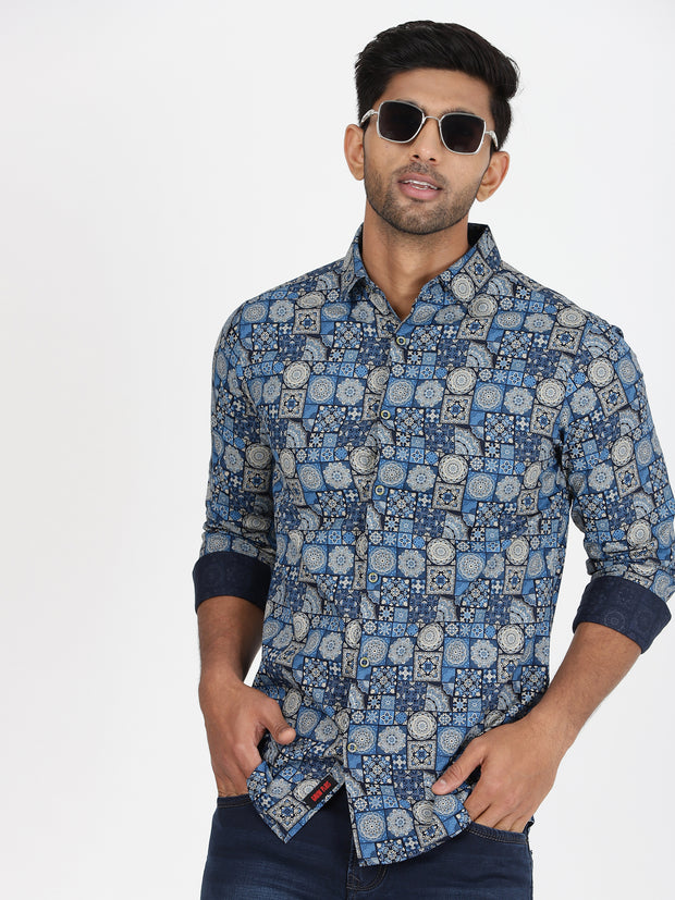 Mosaic Pattern Full-Sleeve Shirt - Blue & Beige (GP016)