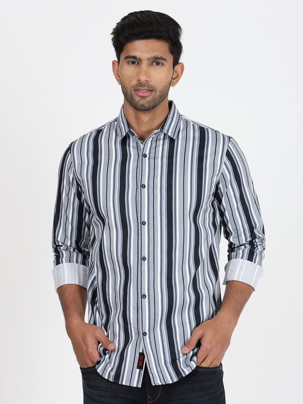 Grey & Black Striped Full-Sleeve Shirt (GP042)