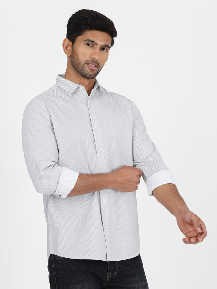 Striped Cotton Full-Sleeve Shirt - Grey and White (GP080)