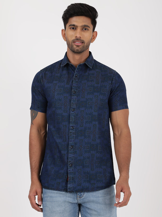 Half-Sleeve Shirt - Geometric Dark Navy (GP090)