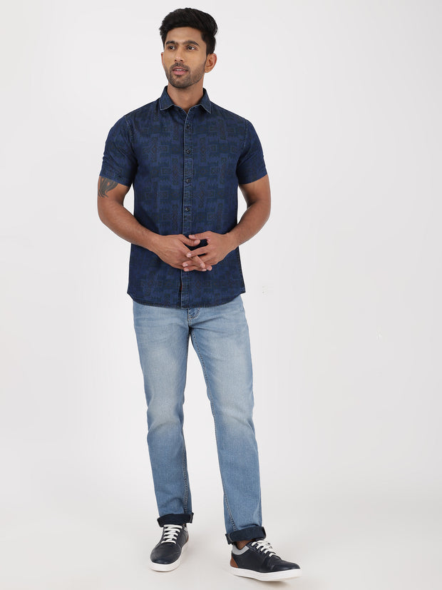 Half-Sleeve Shirt - Geometric Dark Navy (GP090)