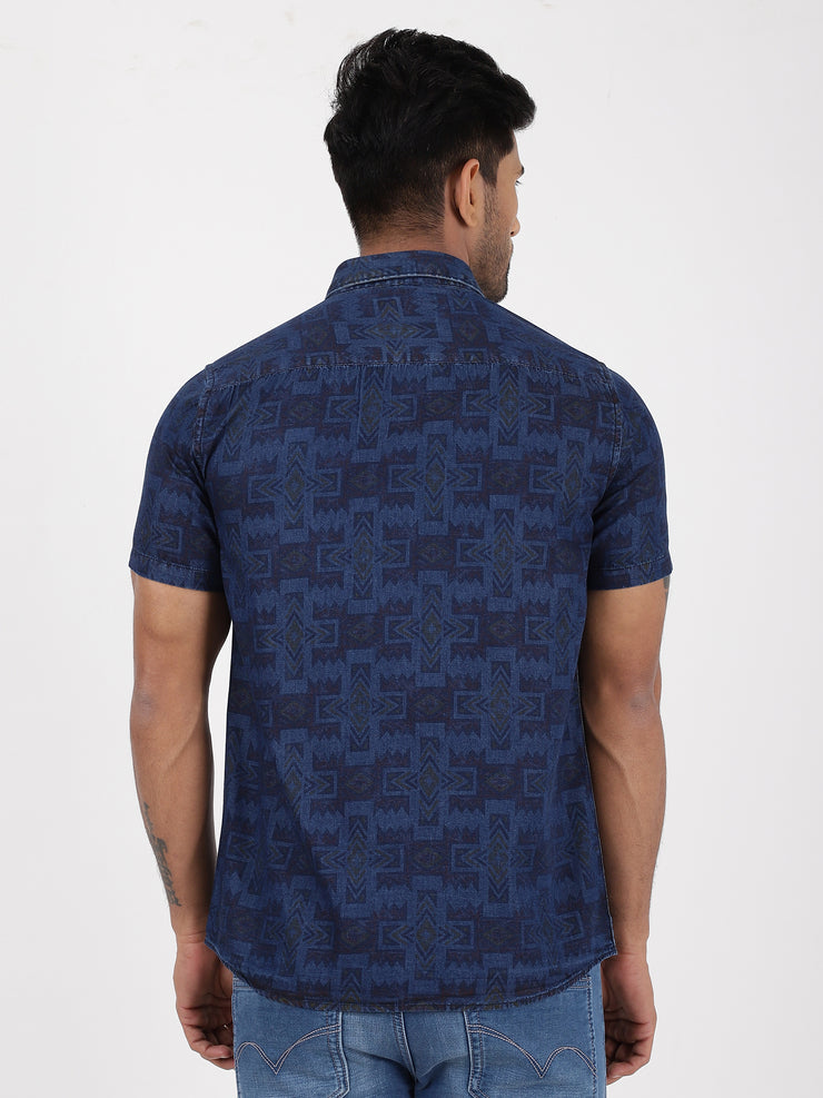 Navy Blue Geometric Pattern Half Sleeve Shirt (GP089)