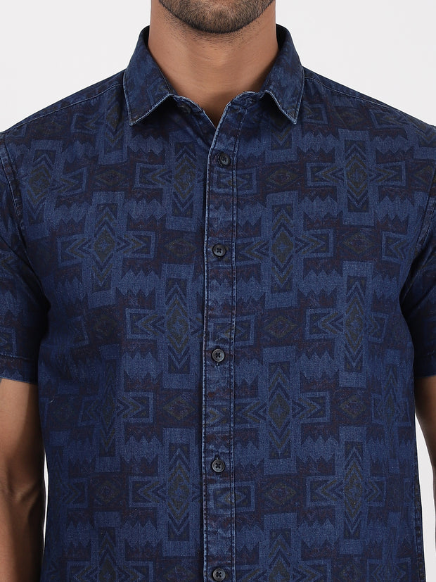 Navy Blue Geometric Pattern Half Sleeve Shirt (GP089)