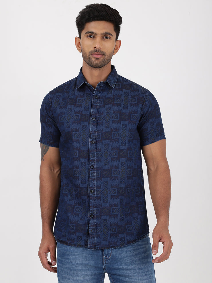 Navy Blue Geometric Pattern Half Sleeve Shirt (GP089)